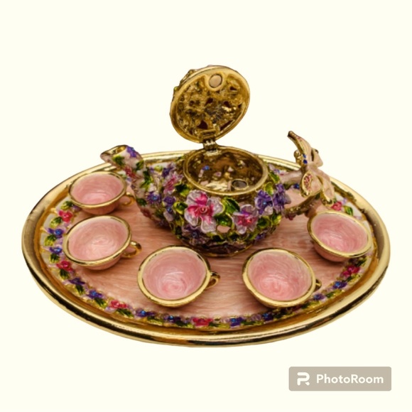 Teapot trinket box set enamel and crystals 7 pieces NEW - Picture 4 of 6